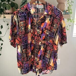 IOIO Womens Unique Vintage Rayon Shirt S Abstract Tribal Print Button Up Boho